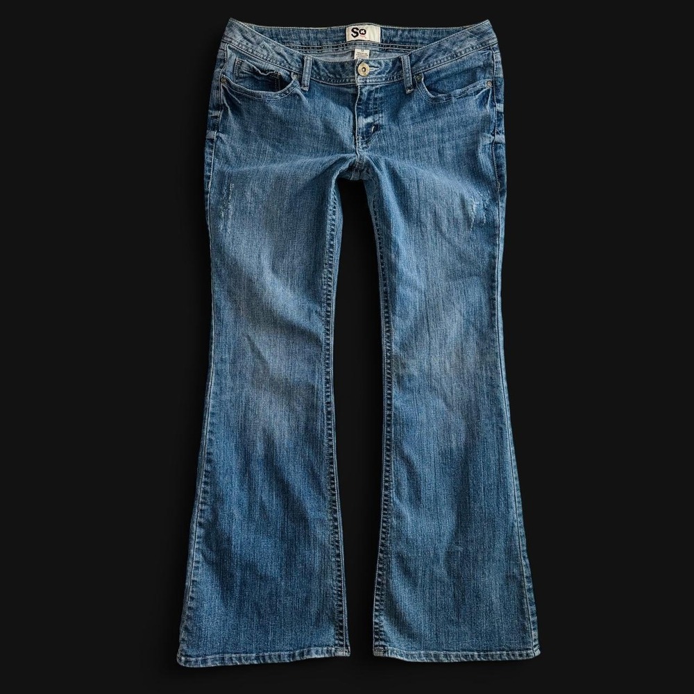 SO Low Rise Flare Jeans Medium Wash Distressed Y2K Denim Blue Size 13